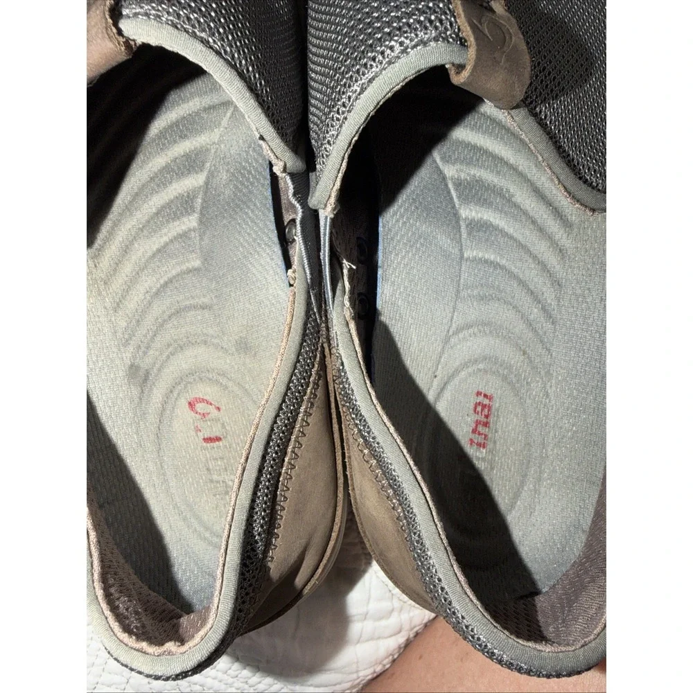 Olukai Makia Men's 12 Slip On Loafer Gray Mesh Brown Leather Boat Shoes